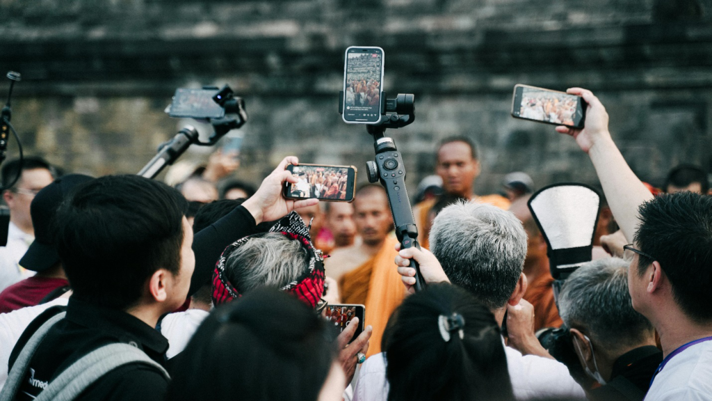 journalists and visitors of Borobudur interviewed the bhante who walked from Thailand to Indonesia