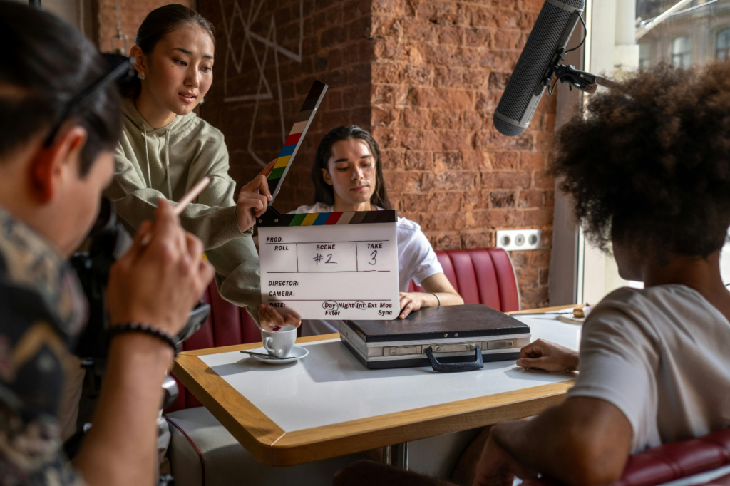 A woman holding a clapperboard