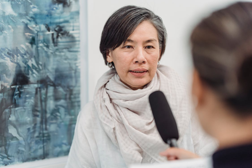 A woman being interviewed