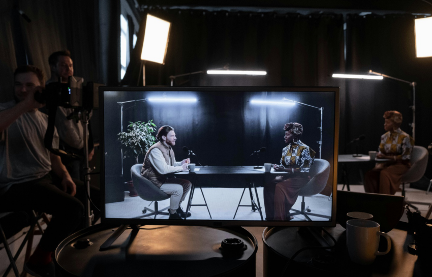 A picture of a TV interview