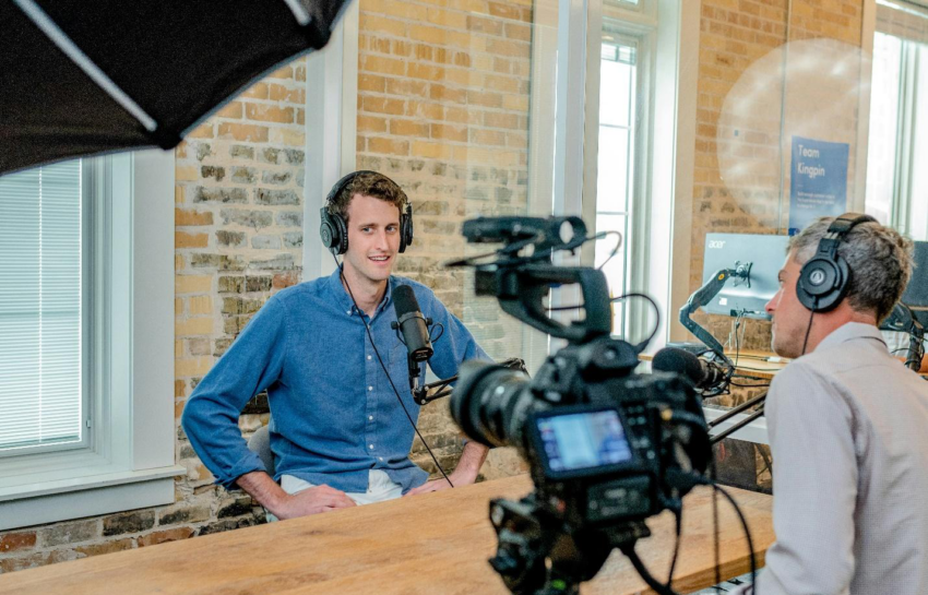 A picture of a podcast interview