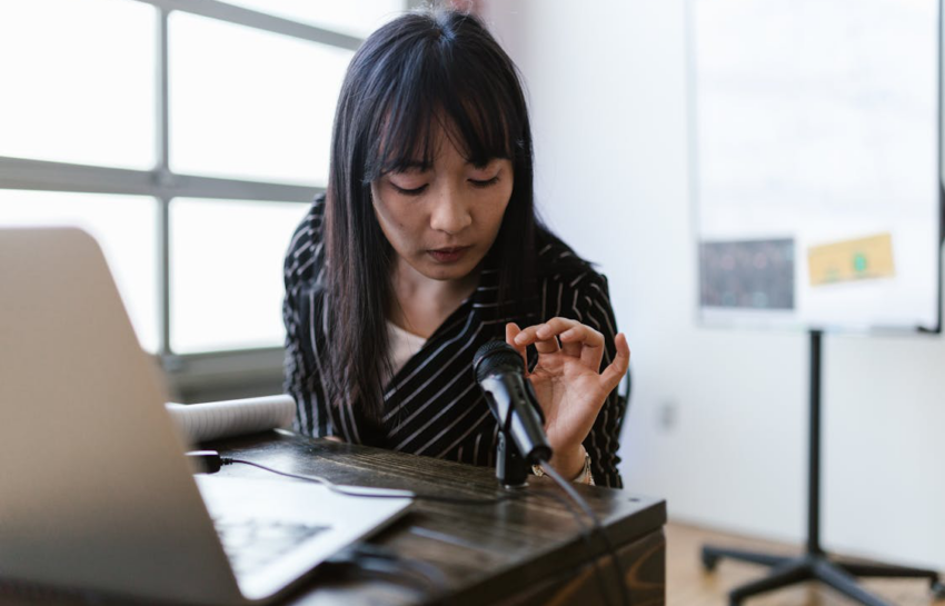 woman testing the microphone
