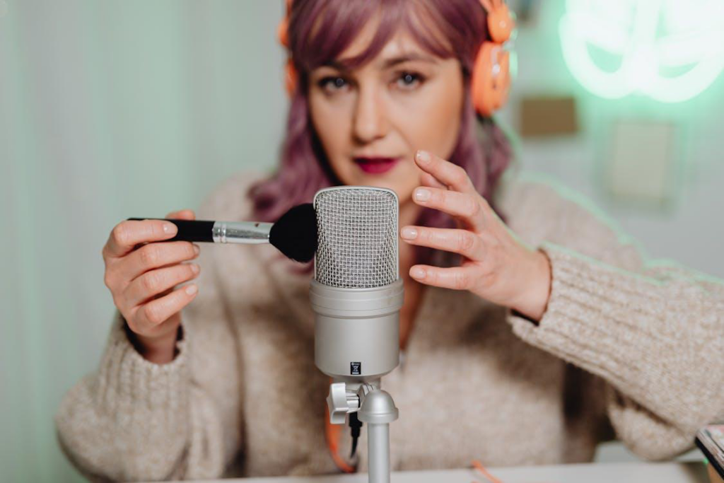 a woman recording an audio