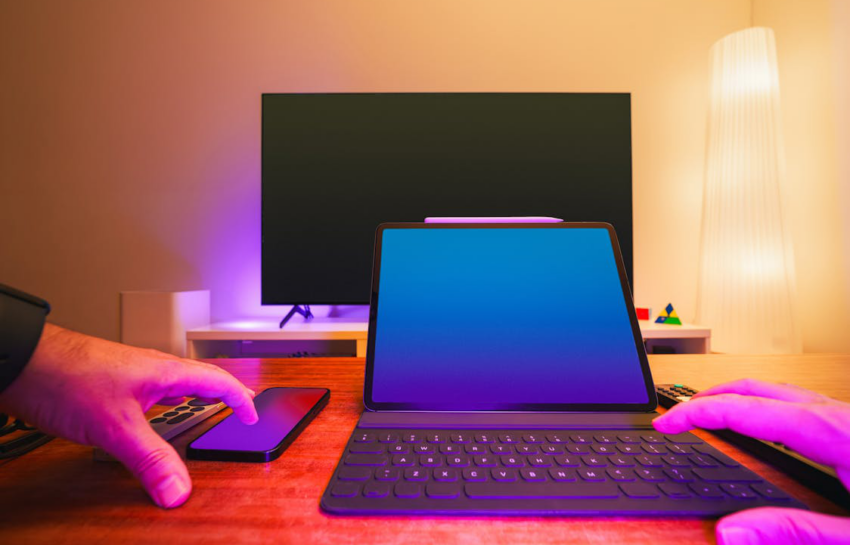 modern workspace with laptop and tablet