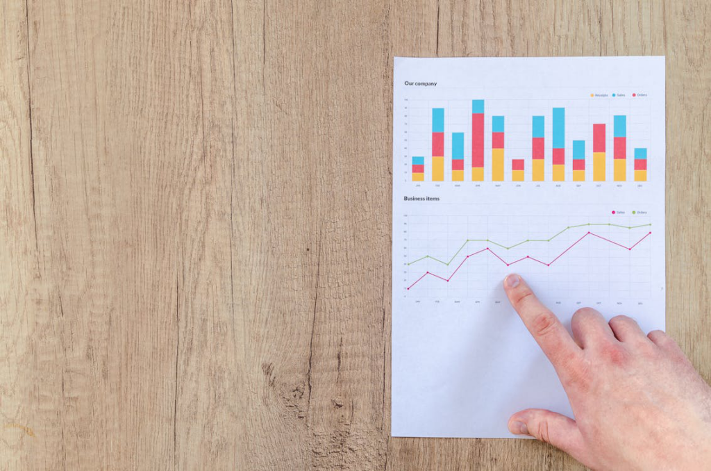 A person’s hand pointing to a printed line graph on a desk.
