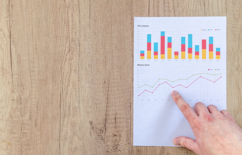 A person’s hand pointing to a printed line graph on a desk.