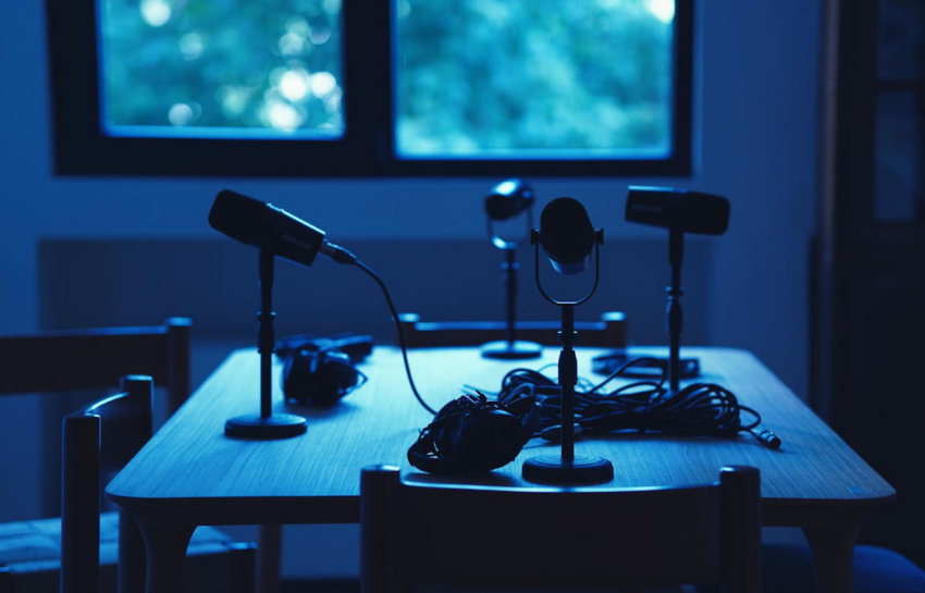 A professional podcast studio setup with two microphones, headphones, and acoustic foam in the background.