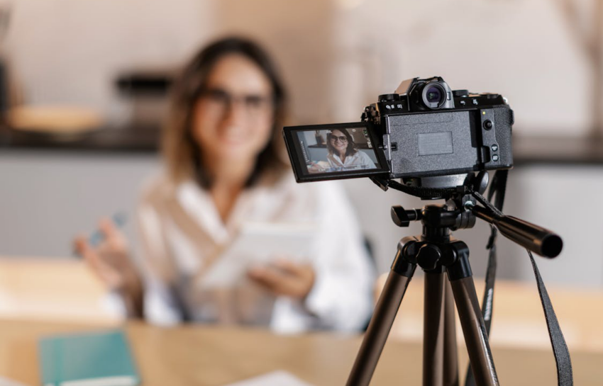 A woman in a white top filming herself with a digital camera setup on a tripod.